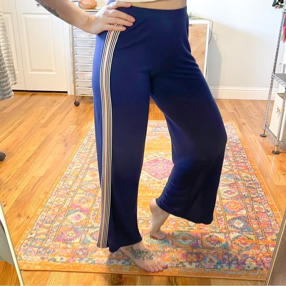 Retro Stripe Wide Leg Pants Blue Side Slit Lounge Pants S - Picture 3 of 8